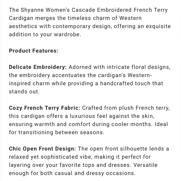 SHYANNE Cascade Embroidered French Terry Cardigan Western Embellished Timeless - Picture 13 of 15